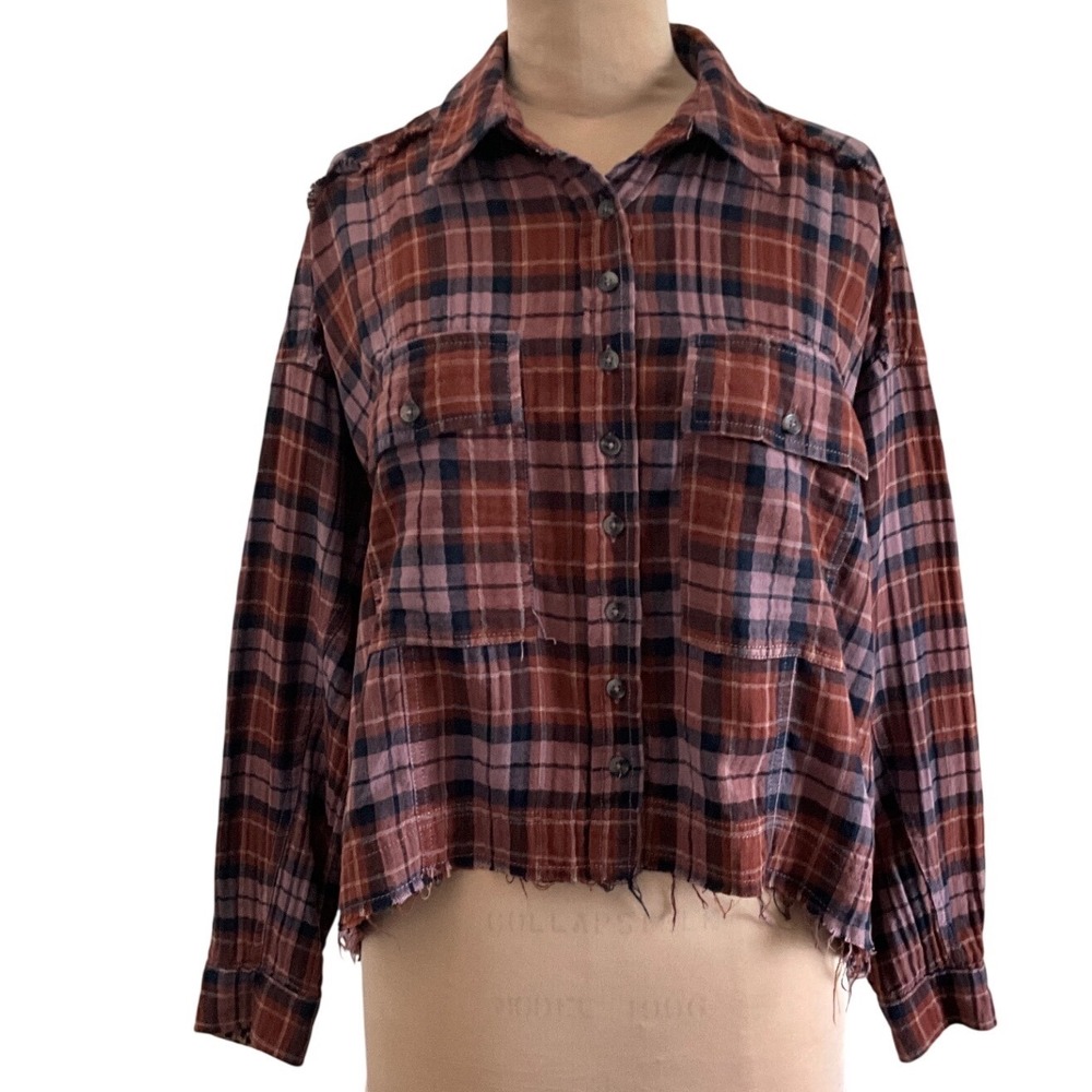 Pilcro Anthropologie Plaid Distressed Raw Hem High Low Cropped Shirt‎ Shacket S